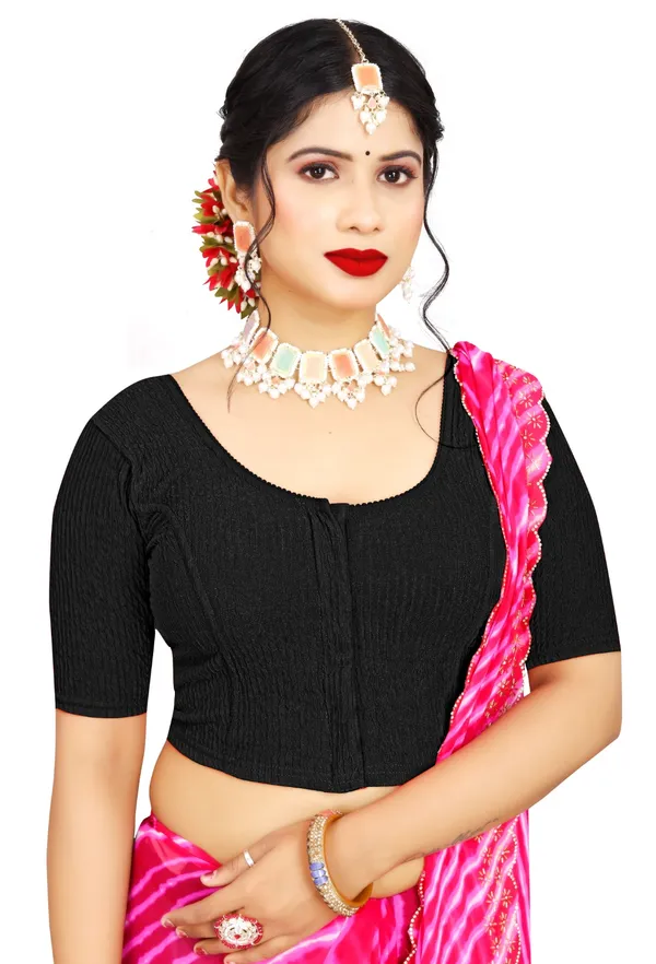 Black_Cotton_Textured_Stretch_Fit_Scoop_Neck_Saree_Blouse_For_Women