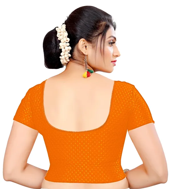 Orange_Textured_Knit_Checkered_Short_Sleeve_Saree_Blouse_For_Women