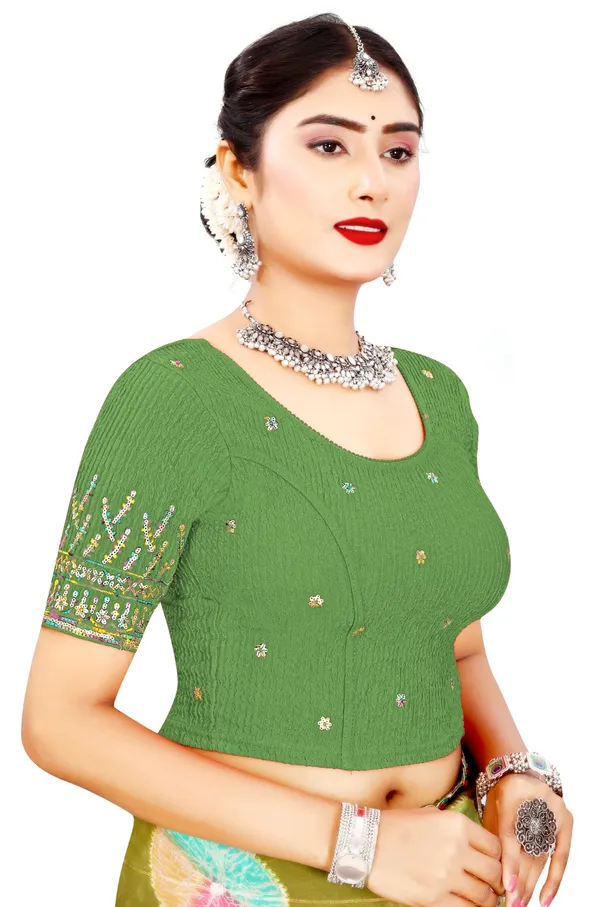 Green_Cotton_Sequin_Embroidered_Round_Neck_Saree_Blouse_For_Women