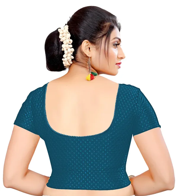 Teal_Textured_Knit_Deep_Back_Short_Sleeve_Saree_Blouse_For_Women