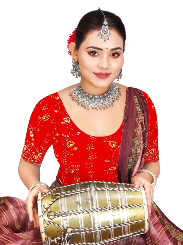 Red_Cotton_Floral_Printed_Round_Neck_Saree_Blouse_For_Women