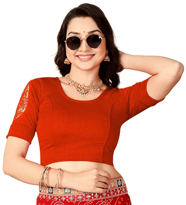 Red_Cotton_Embroidered_Elbow_Sleeve_Saree_Blouse_For_Women