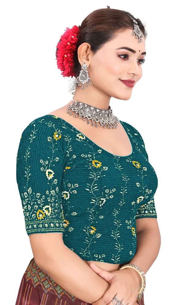 Teal_Cotton_Crinkle_Floral_Embroidered_Elbow_Sleeve_Blouse_For_Women
