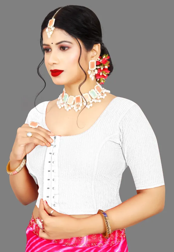 White_Crepe_Elbow_Sleeve_Saree_Blouse_For_Women