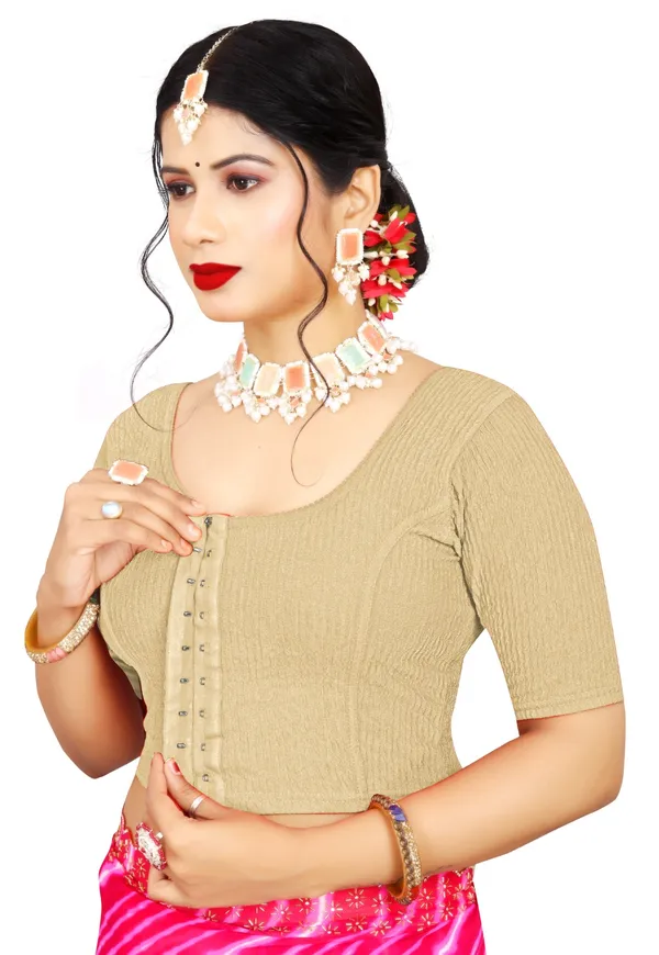 Beige_Cotton_Textured_Square_Neck_Elbow_Sleeve_Blouse_For_Women