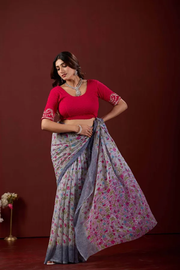Red_Cotton_Floral_Print_Saree_Blouse_For_Women
