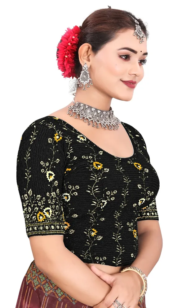 Black_Cotton_Floral_Embroidered_Round_Neck_Saree_Blouse_For_Women