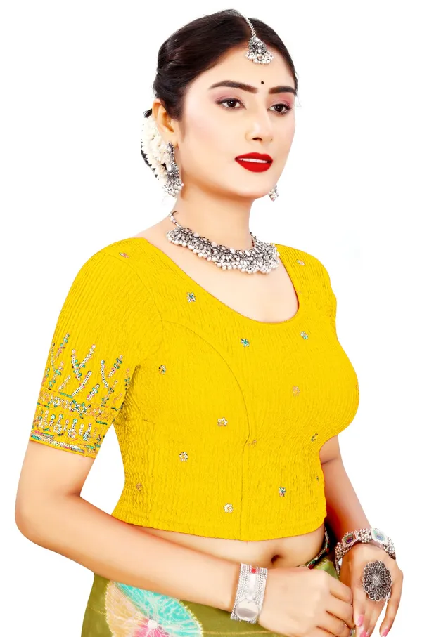 Yellow_Cotton_Crinkle_Sequin_Mirror_Embroidered_Saree_Blouse_For_Women