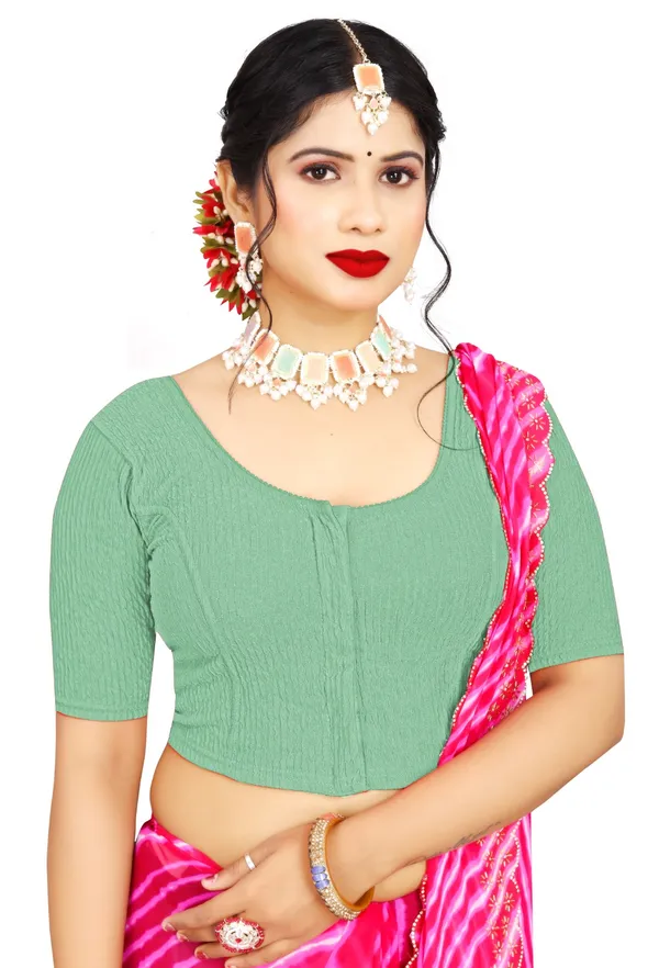 Sea_Green_Cotton_Textured_Round_Neck_Front_Hook_Saree_Blouse_For_Women