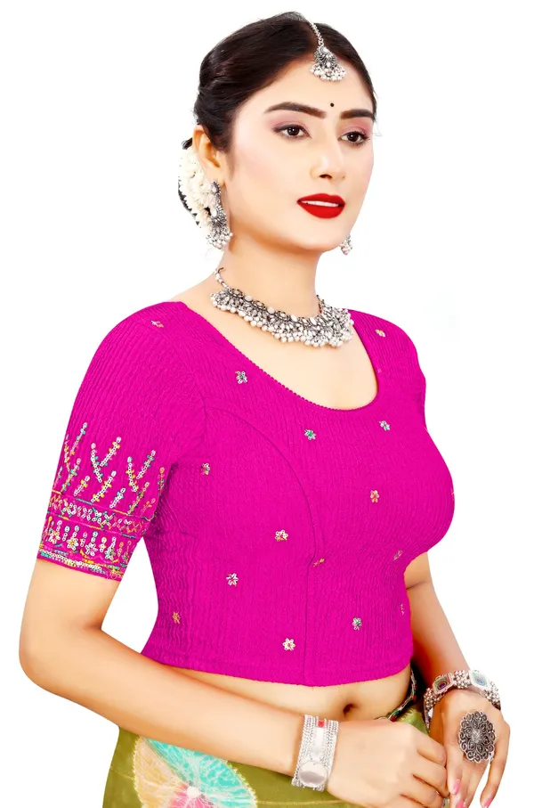 Pink_Cotton_Crinkle_Embroidered_Round_Neck_Saree_Blouse_For_Women