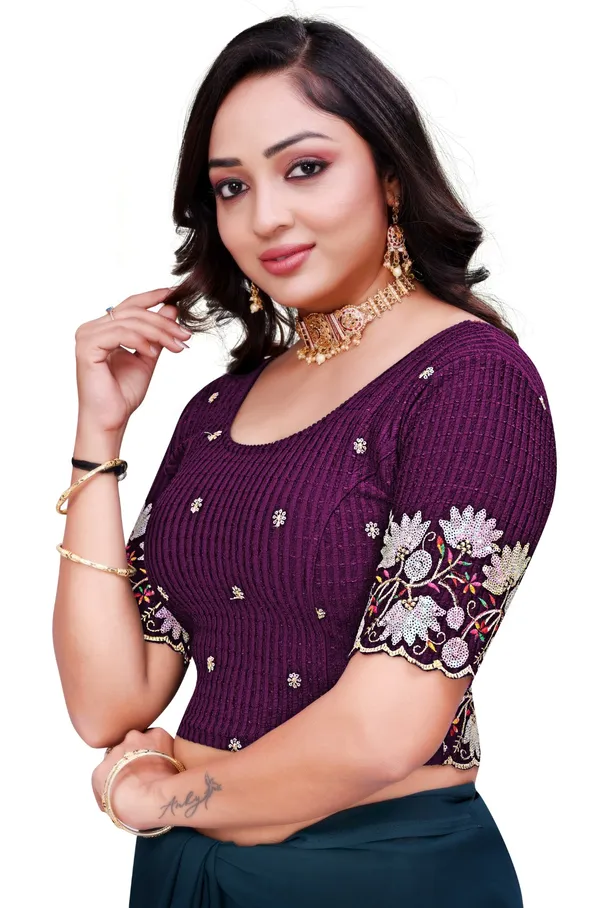 Purple_Cotton_Embroidered_Sequin_Round_Neck_Saree_Blouse_For_Women