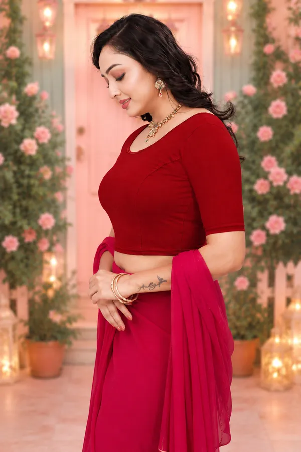 Pink_Georgette_Saree_With_Maroon_Elbow_Sleeve_Blouse_For_Women