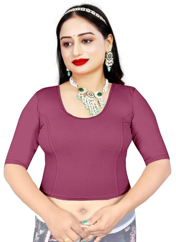 Mauve_Cotton_Stretchable_Round_Neck_Elbow_Sleeve_Saree_Blouse_For_Women