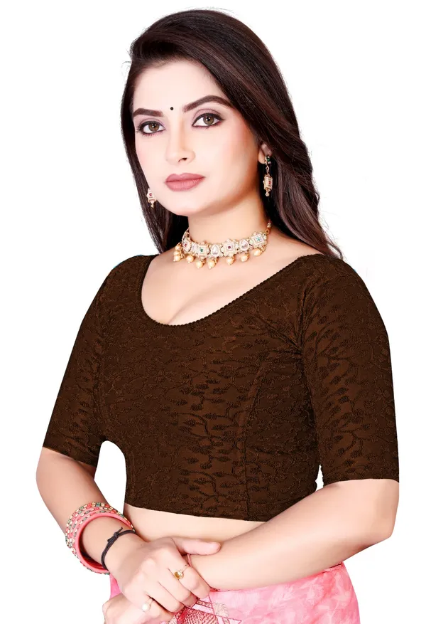 Brown_Textured_Stretch_Round_Neck_Elbow_Sleeve_Saree_Blouse_For_Women