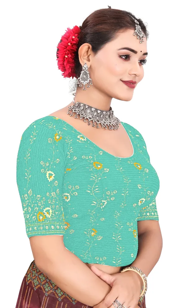 Sea_Green_Cotton_Crinkle_Floral_Printed_Round_Neck_Saree_Blouse_For_Women
