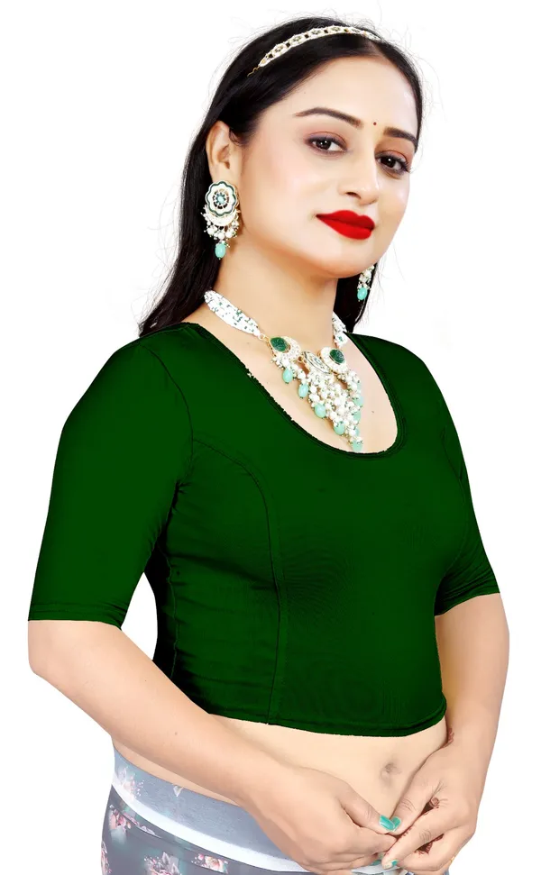 Green_Cotton_Lycra_Round_Neck_Stretch_Fit_Saree_Blouse_For_Women