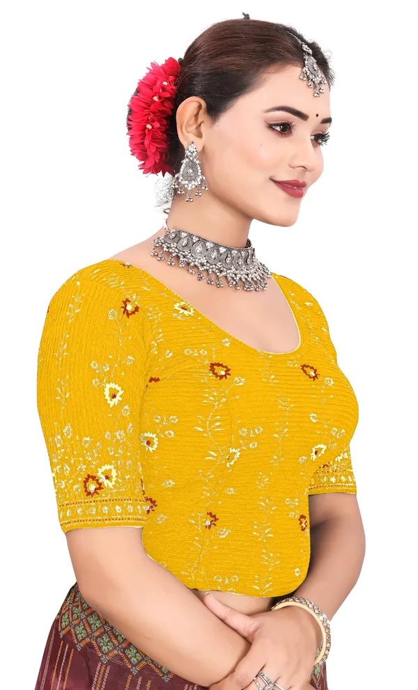 Yellow_Crinkle_Floral_Print_Round_Neck_Elbow_Sleeve_Saree_Blouse_For_Women