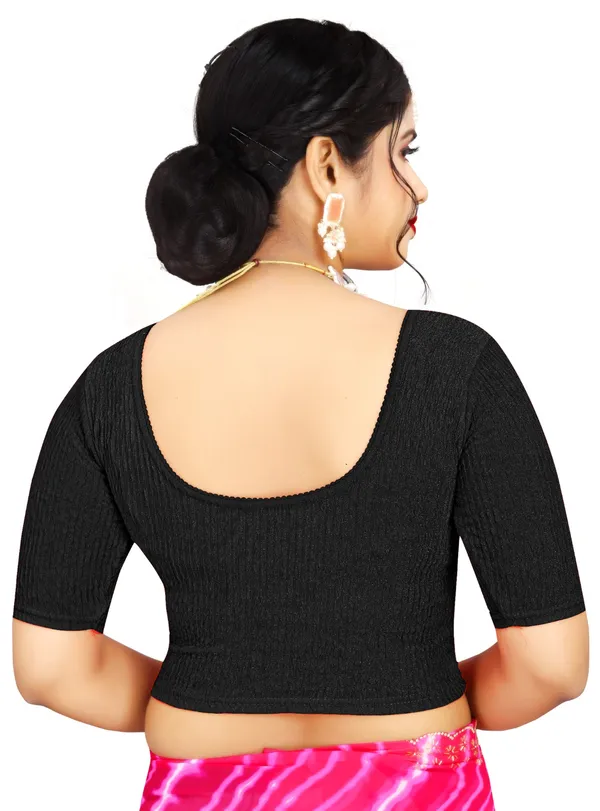 Black_Cotton_Textured_Stretch_Fit_Scoop_Neck_Saree_Blouse_For_Women