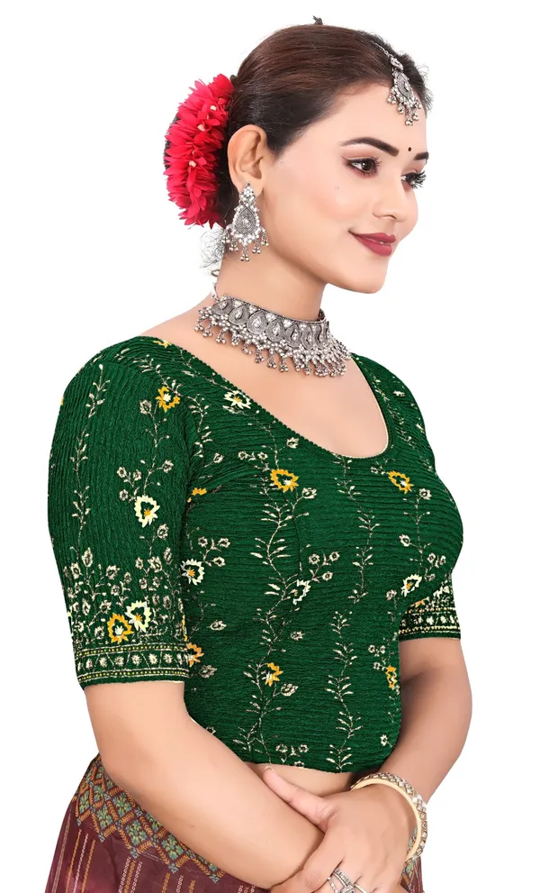 Green_Crinkle_Fabric_Floral_Embroidered_Elbow_Sleeve_Saree_Blouse_For_Women