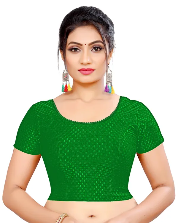 Green_Cotton_Textured_Knit_Round_Neck_Saree_Blouse_For_Women