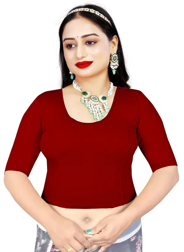 Maroon_Cotton_Blend_Deep_Back_Elbow_Sleeve_Saree_Blouse_For_Women