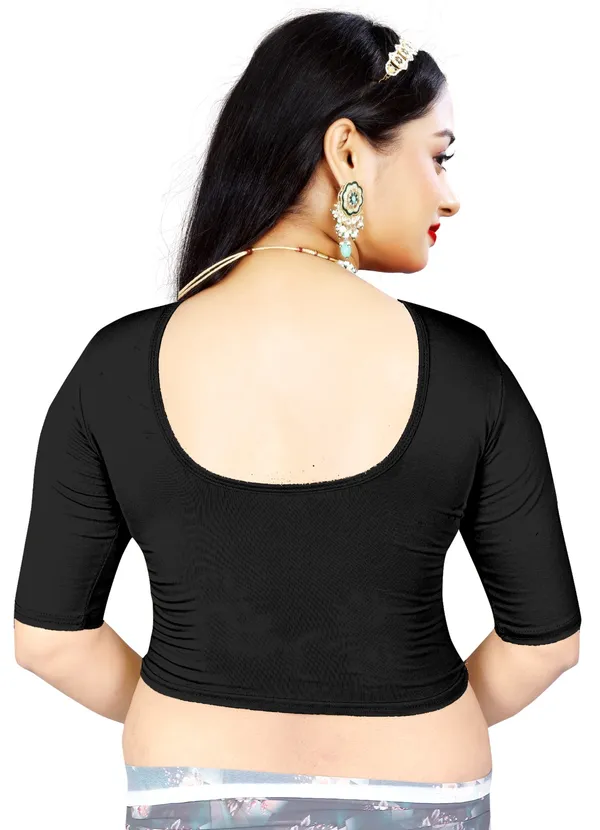 Black_Stretch_Round_Neck_Elbow_Sleeve_Fitted_Saree_Blouse_For_Women