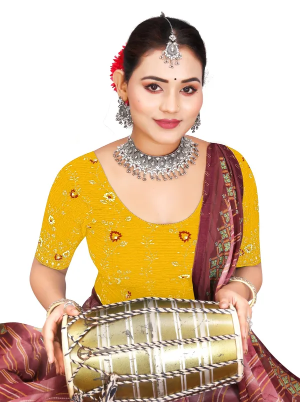 Yellow_Crinkle_Floral_Print_Round_Neck_Elbow_Sleeve_Saree_Blouse_For_Women