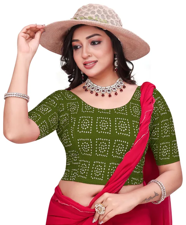 Green_Cotton_Bandhani_Print_Elbow_Sleeve_Saree_Blouse_For_Women