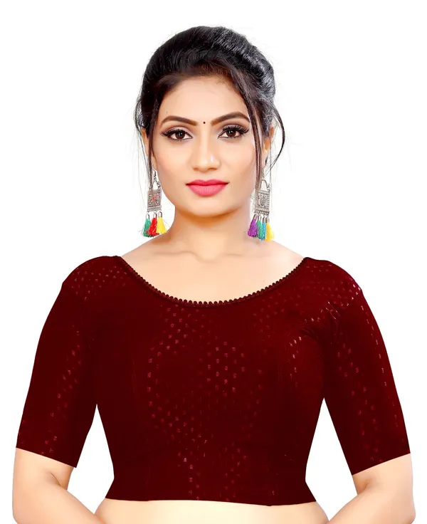 Maroon_Velvet_Picot_Lace_Half_Sleeve_Saree_Blouse_For_Women