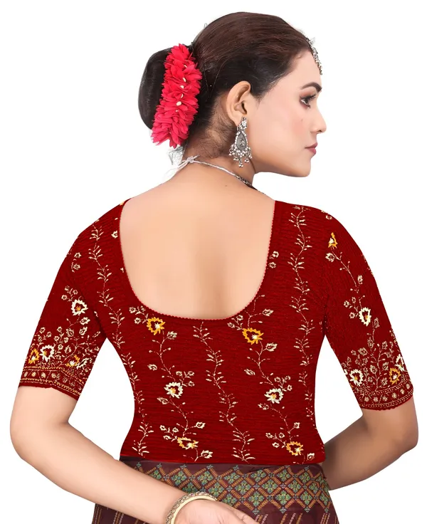 Maroon_Cotton_Floral_Embroidered_Round_Neck_Saree_Blouse_For_Women