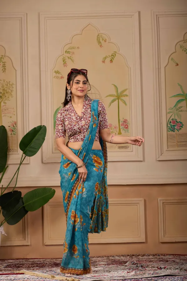 Blue_Silk_Floral_Print_Saree_Blouse_For_Women