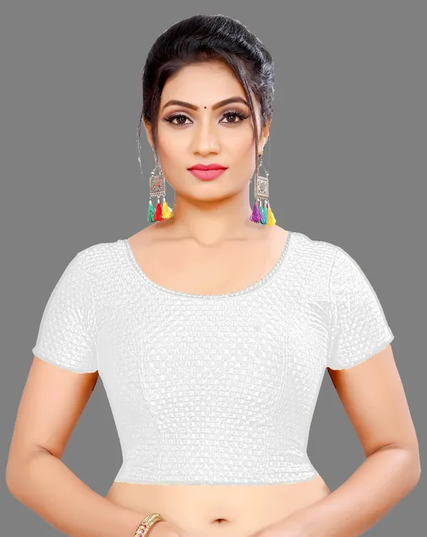 White_Cotton_Textured_Round_Neck_Short_Sleeve_Blouse_For_Women