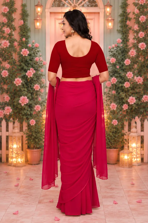 Pink_Georgette_Saree_With_Maroon_Elbow_Sleeve_Blouse_For_Women