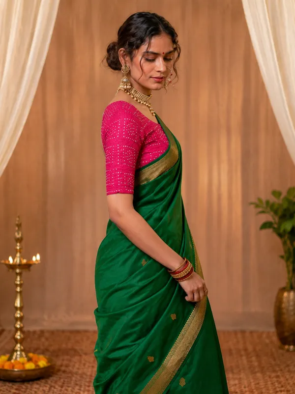 Green_Silk_Zari_Border_Saree_With_Pink_Embroidered_Blouse_For_Women