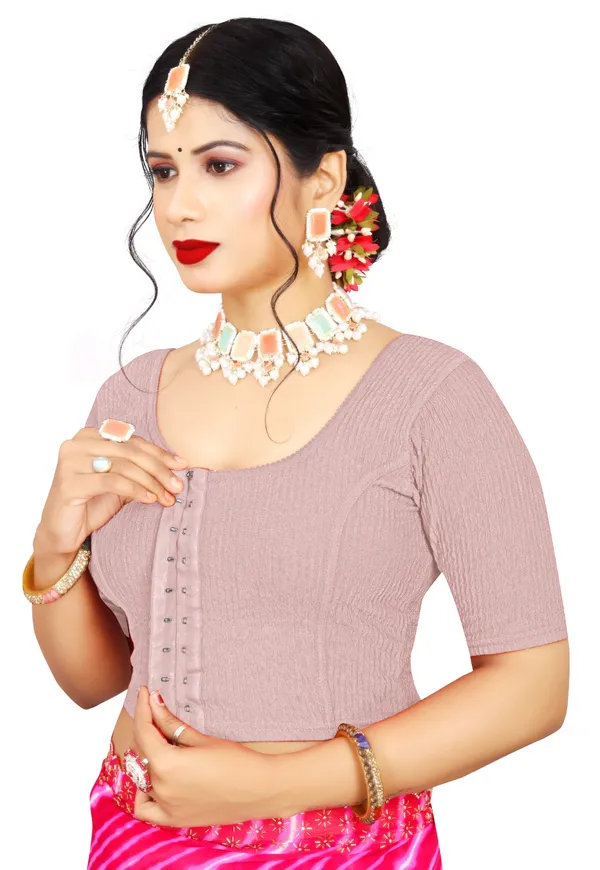 Mauve_Cotton_Textured_Round_Neck_Elbow_Sleeve_Saree_Blouse_For_Women