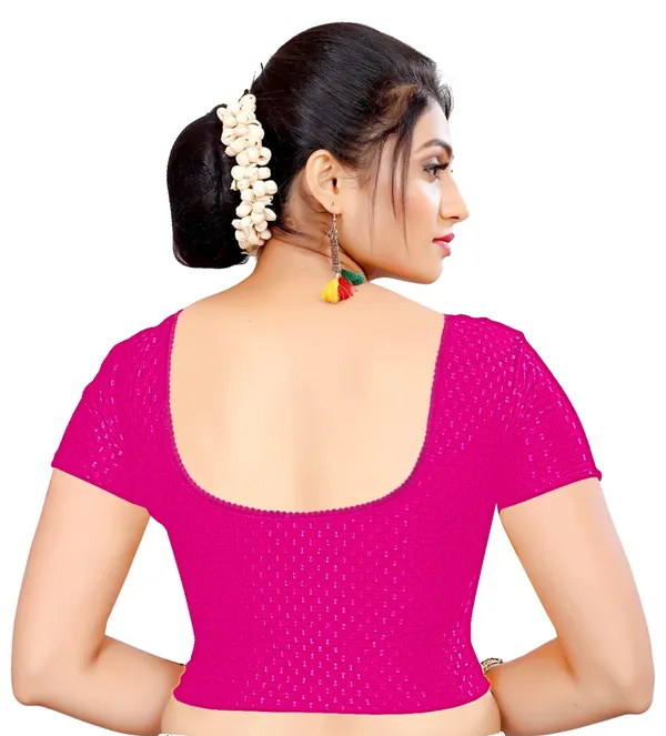 Pink_Textured_Stretch_Short_Sleeve_Saree_Blouse_For_Women