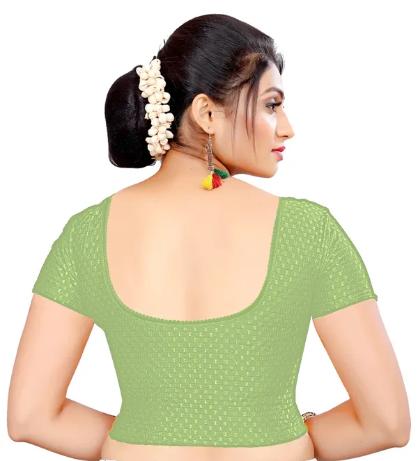 Green_Textured_Knit_Short_Sleeve_Saree_Blouse_For_Women
