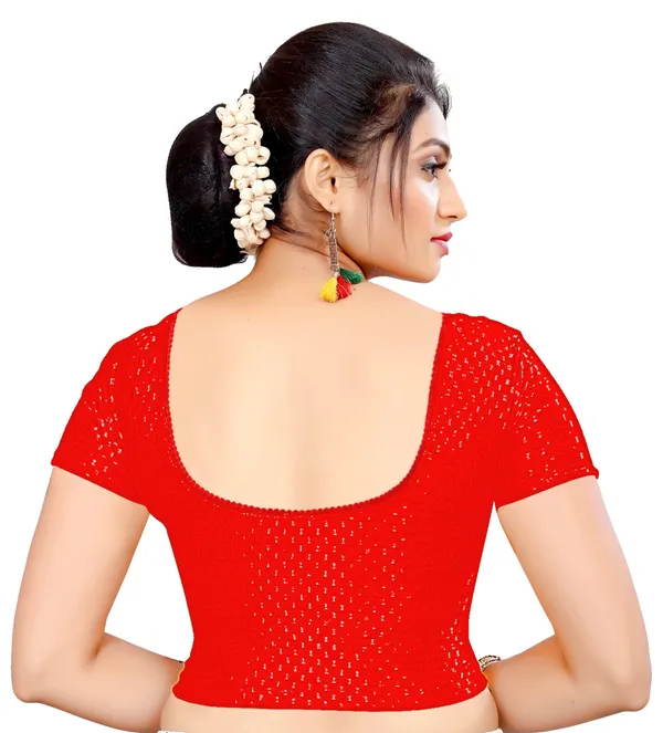 Red_Knit_Stretchable_Short_Sleeve_Saree_Blouse_For_Women