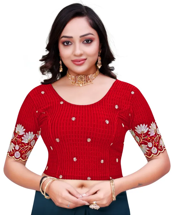Red_Cotton_Embroidered_Sequin_Round_Neck_Elbow_Sleeve_Blouse_For_Women