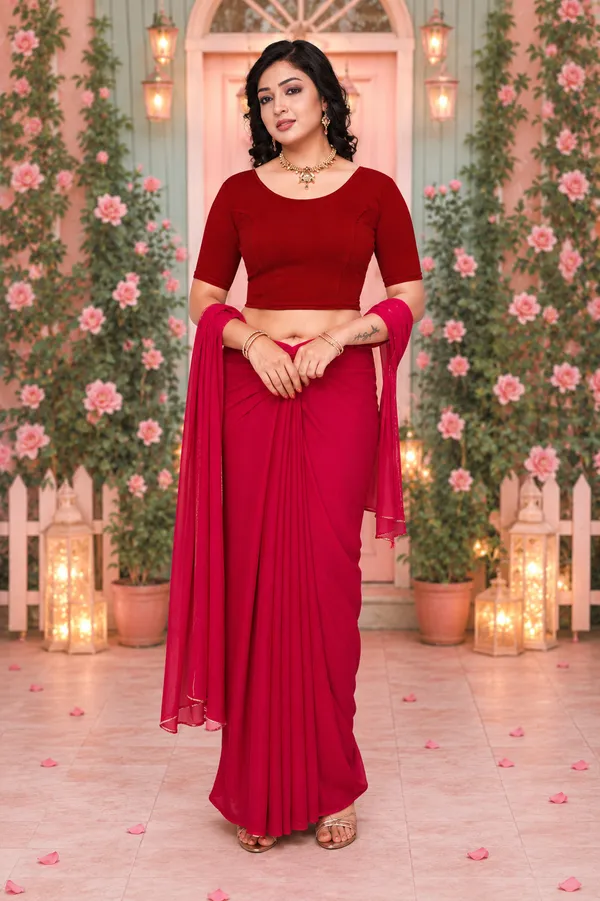 Pink_Georgette_Saree_With_Maroon_Elbow_Sleeve_Blouse_For_Women