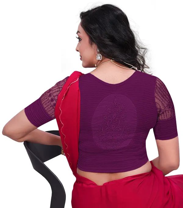 Purple_Textured_Net_Sleeve_Round_Neck_Fitted_Saree_Blouse_For_Women