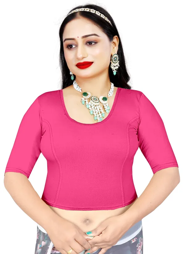 Pink_Cotton_Stretchable_Round_Neck_Half_Sleeve_Saree_Blouse_For_Women