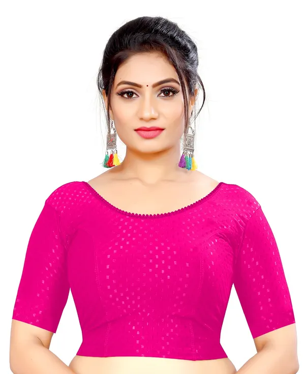Pink_Cotton_Textured_Round_Neck_Elbow_Sleeve_Saree_Blouse_For_Women