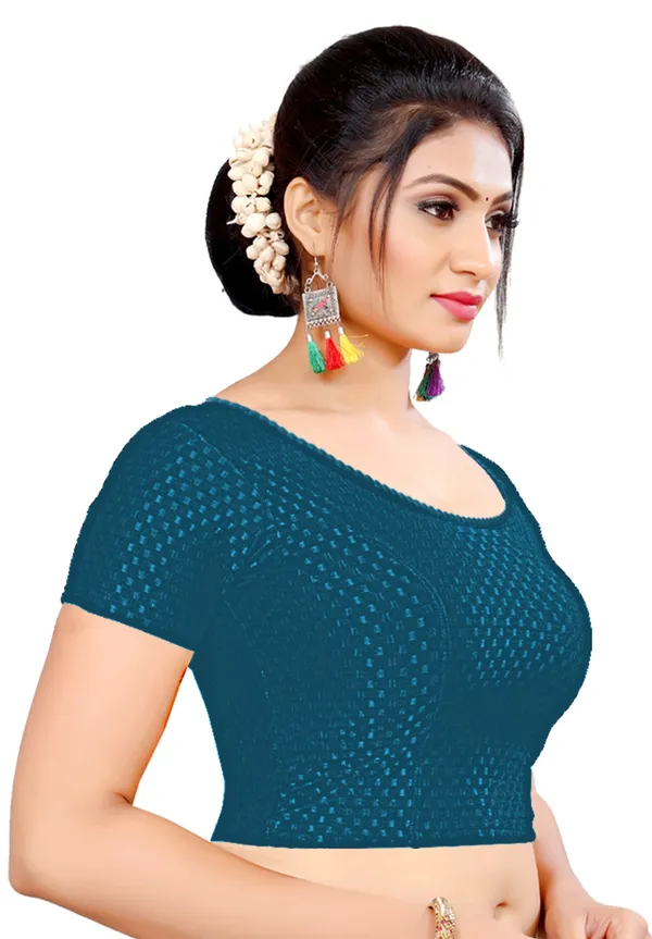 Teal_Textured_Knit_Deep_Back_Short_Sleeve_Saree_Blouse_For_Women