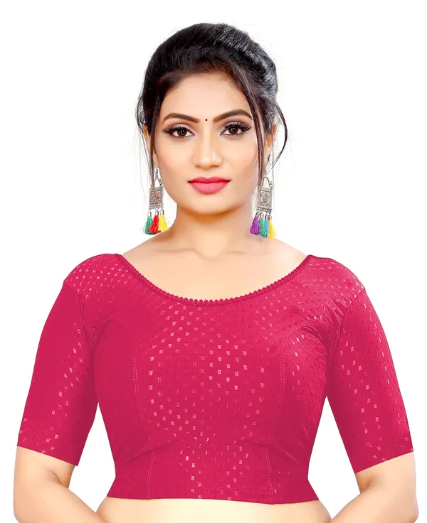 Pink_Cotton_Textured_Round_Neck_Half_Sleeve_Saree_Blouse_For_Women