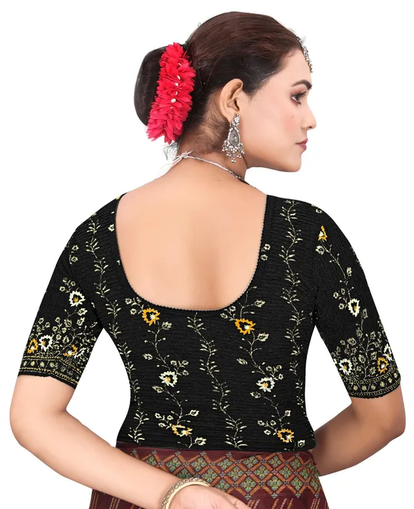 Black_Cotton_Floral_Embroidered_Round_Neck_Saree_Blouse_For_Women