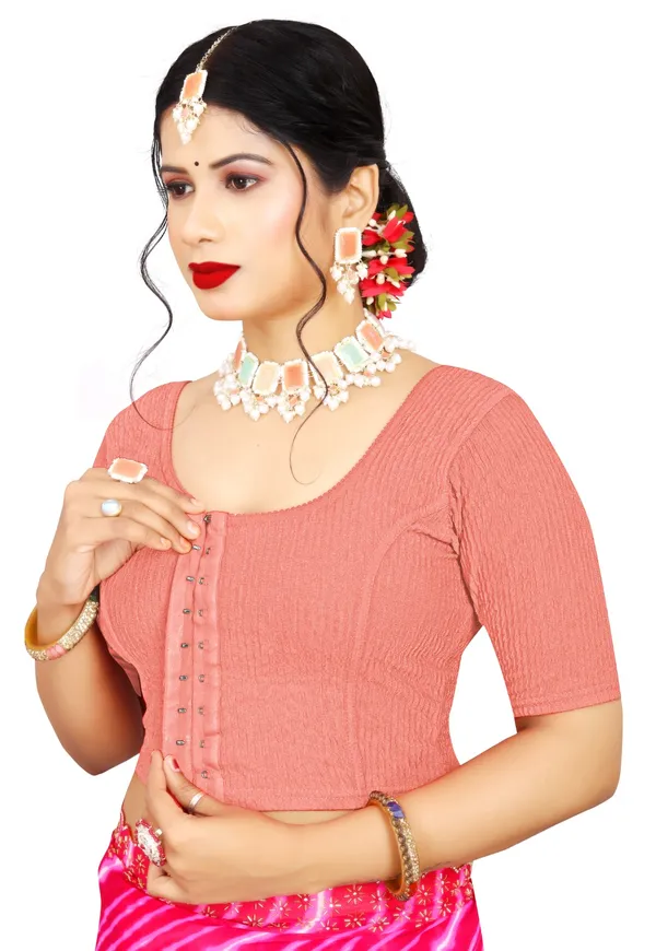Peach_Cotton_Textured_Round_Neck_Half_Sleeve_Saree_Blouse_For_Women