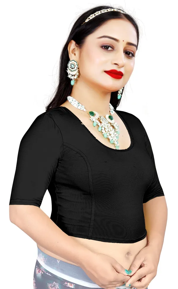 Black_Stretch_Round_Neck_Elbow_Sleeve_Fitted_Saree_Blouse_For_Women