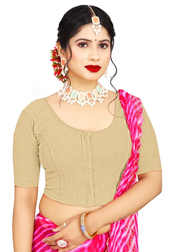 Beige_Cotton_Textured_Square_Neck_Elbow_Sleeve_Blouse_For_Women