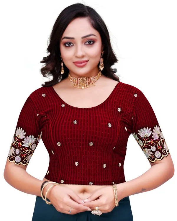 Maroon_lycra_Embroidered_Sequin_Elbow_Sleeve_Saree_Blouse_For_Women